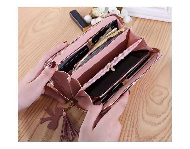 Fashion Women's Pu Leather Long Wallets Sequins Patchwork Glitter Wallet Coin Purse Female Wallets Girls Gifts Color Contrast Tassel and Rivet Details