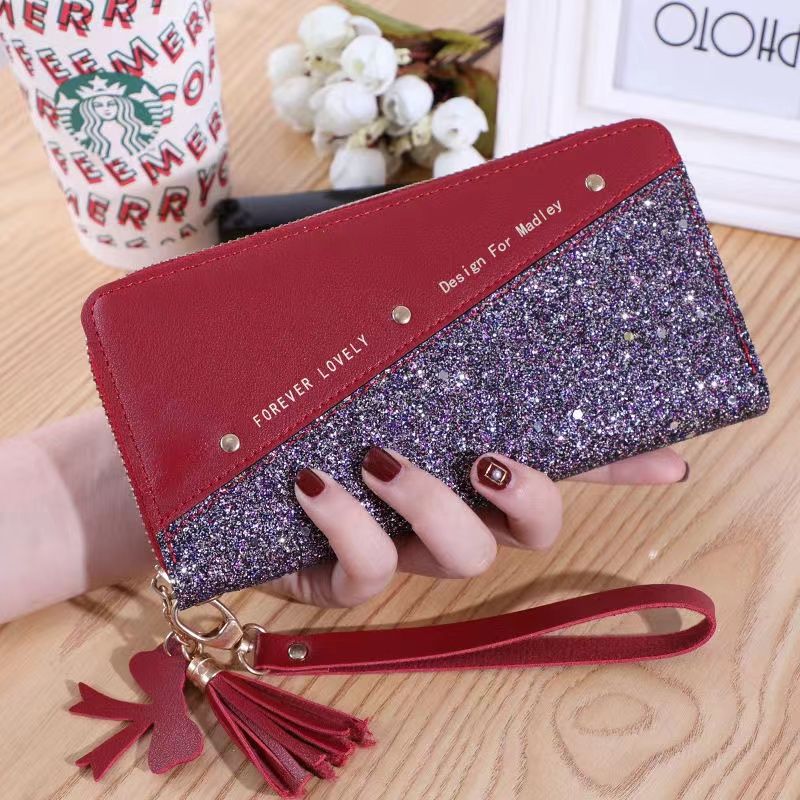 Fashion Women's Pu Leather Long Wallets Sequins Patchwork Glitter Wallet Coin Purse Female Wallets Girls Gifts Color Contrast Tassel and Rivet Details