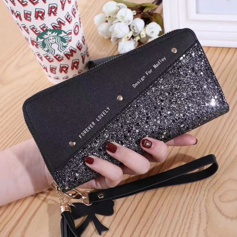 Fashion Women's Pu Leather Long Wallets Sequins Patchwork Glitter Wallet Coin Purse Female Wallets Girls Gifts Color Contrast Tassel and Rivet Details