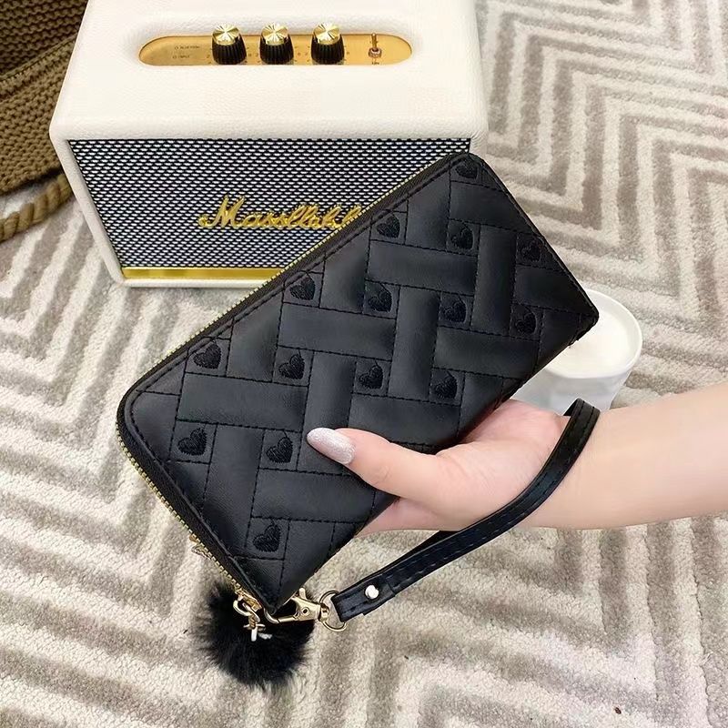 Women'S Wallet Heart Embroidery Line Clutch Long Solid Color Zipper Coin Purse Casual Fashion Multi-Layer Card Bag Gift Women's Plaid Wallet Geometric Pattern Zip Money Clip