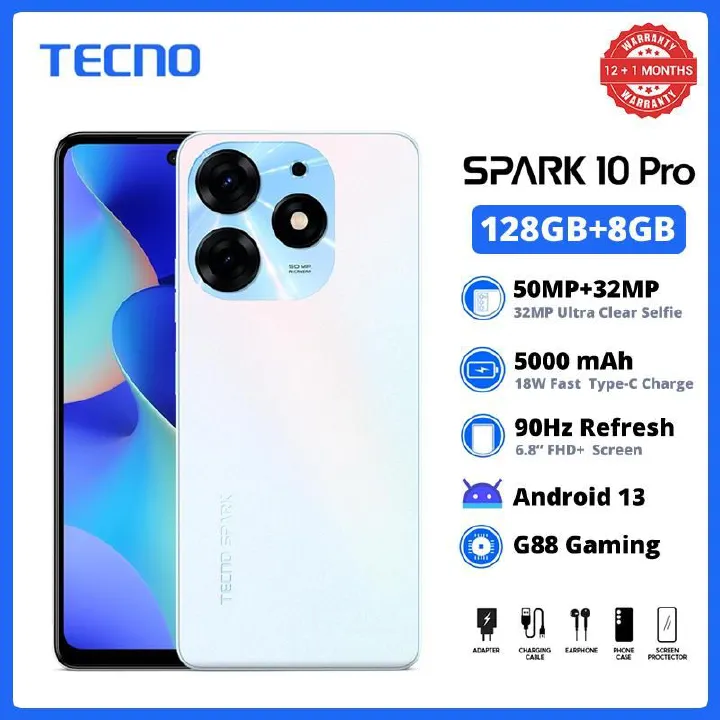 [Clearance Sale] TECNO SPARK 10 PRO 256GB+8GB RAM 6.8" FHD+ 90Hz 50MP+32MP Camera 5000mAh 18w Type-c Charge Side Fingerprint Dual SIM Smart Phones