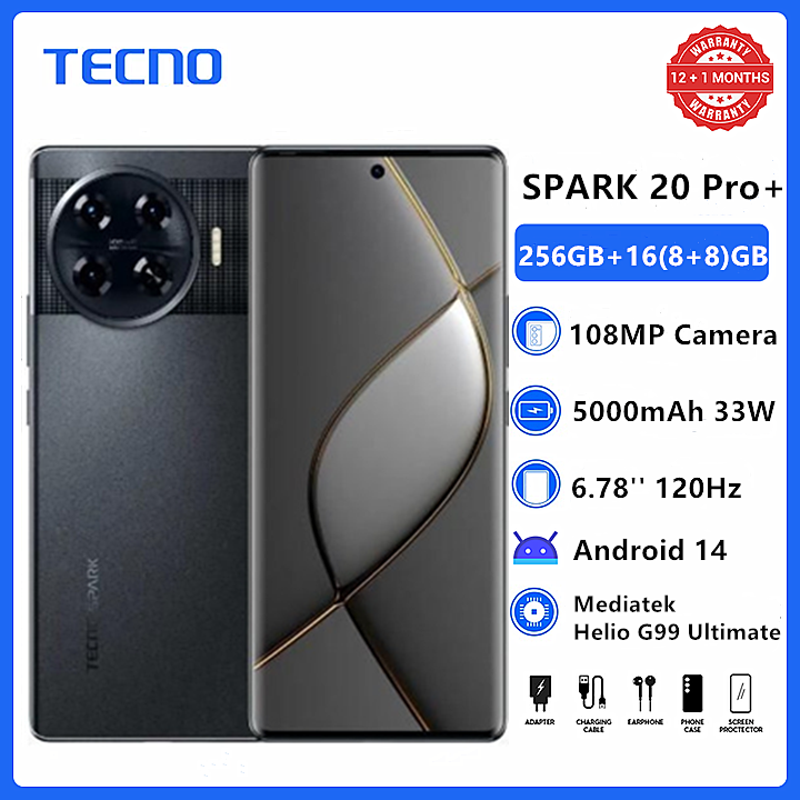 Tecno Spark 20 Pro + 6.78" 120Hz Curved AMOLED 256GB + 16(8+8)GB RAM Helio G99 Ultimate 108MP Dual Speaker 33W 5000mAh Dual Sim Smart Phones Spark 20 Pro Plus Android 14 phone