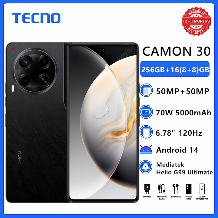 Tecno Camon 30 6.78" 120Hz AMOLED 256GB+16(8+8)GB RAM MTK Helio G99 70W 5000mAh 50MP Dual Speaker Android 14 Dual Sim Smart Phones phone