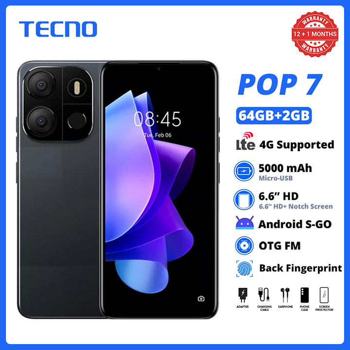 [Limited Offer] TECNO POP 7 64GB + 2GB 6.6" HD+ Big Screen Dual SIM 4G LTE Network 8MP AI Dual Camera 5000mAh Face ID+Rear Fingerprint Unlock OTG Smart Phones