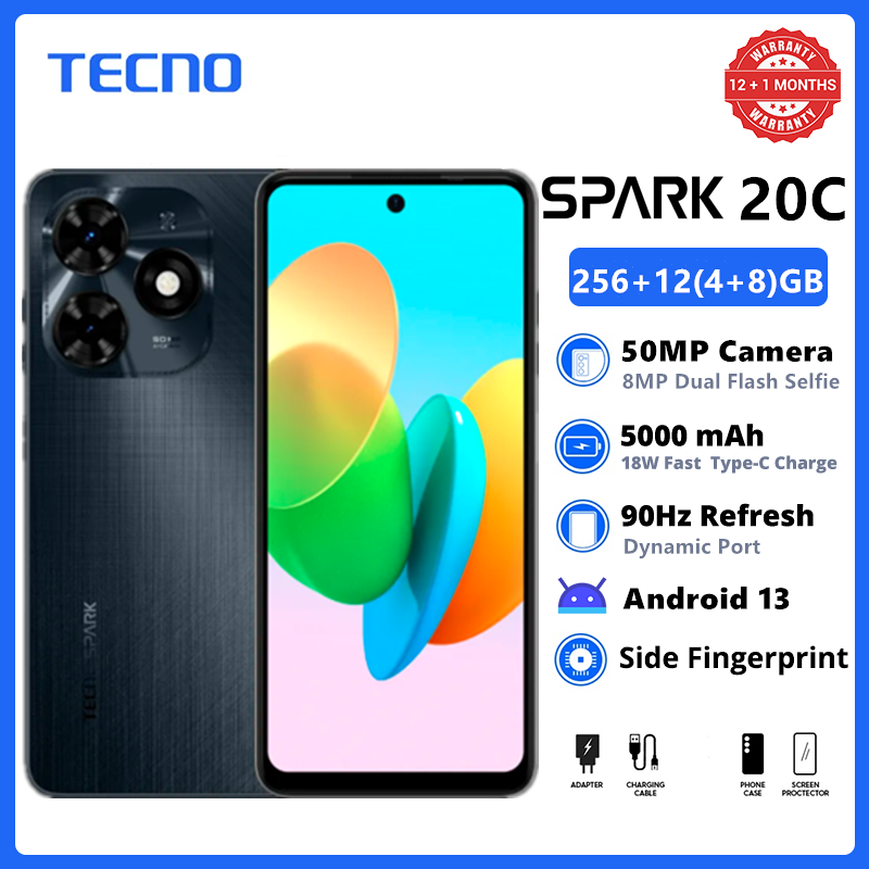 [Black Friday Deals] TECNO SPARK 20C 256GB +12(4+8)GB Large Storage 90Hz 6.6" Dynamic Port 50MP Stereo Dual Speakers 5000mAh 18W Type-C Dual SIM 4G Smart Phones Side Fingerprint phone Gravity Black,256GB+12(4+8)GB