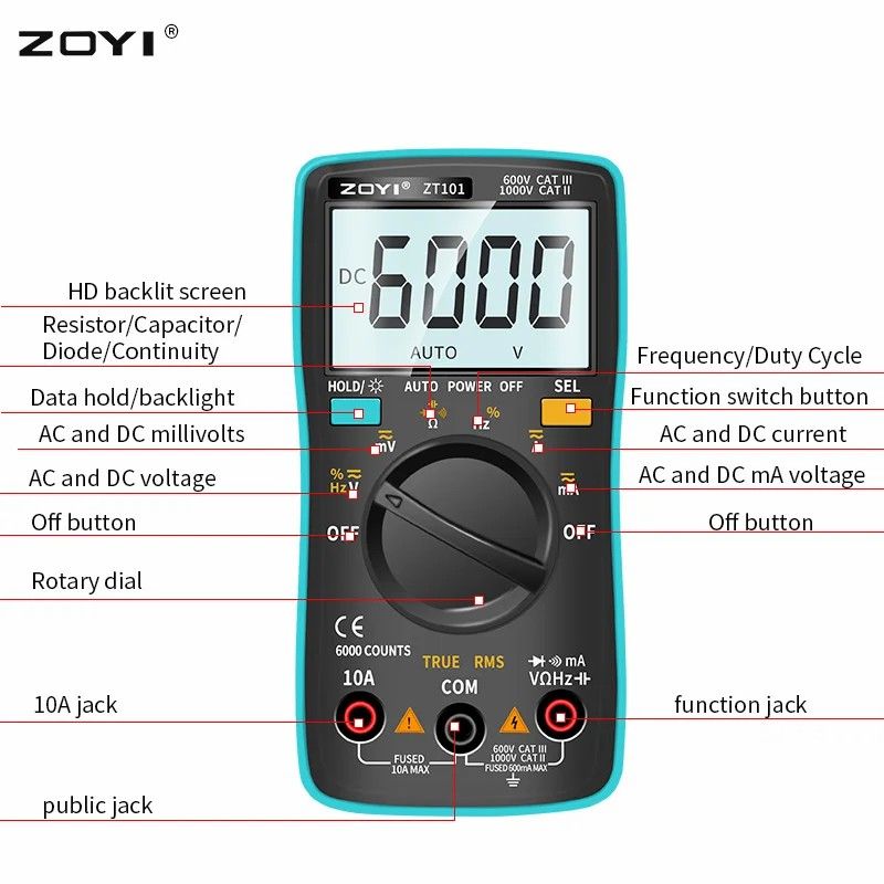 Digital Multimeter 6000 counts Backlight AC/DC Ammeter Voltmeter Ohm Portable Meter voltage meter