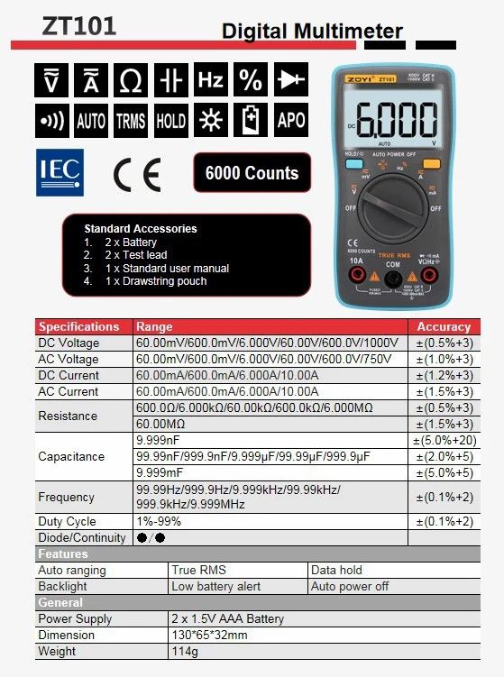 Digital Multimeter 6000 counts Backlight AC/DC Ammeter Voltmeter Ohm Portable Meter voltage meter