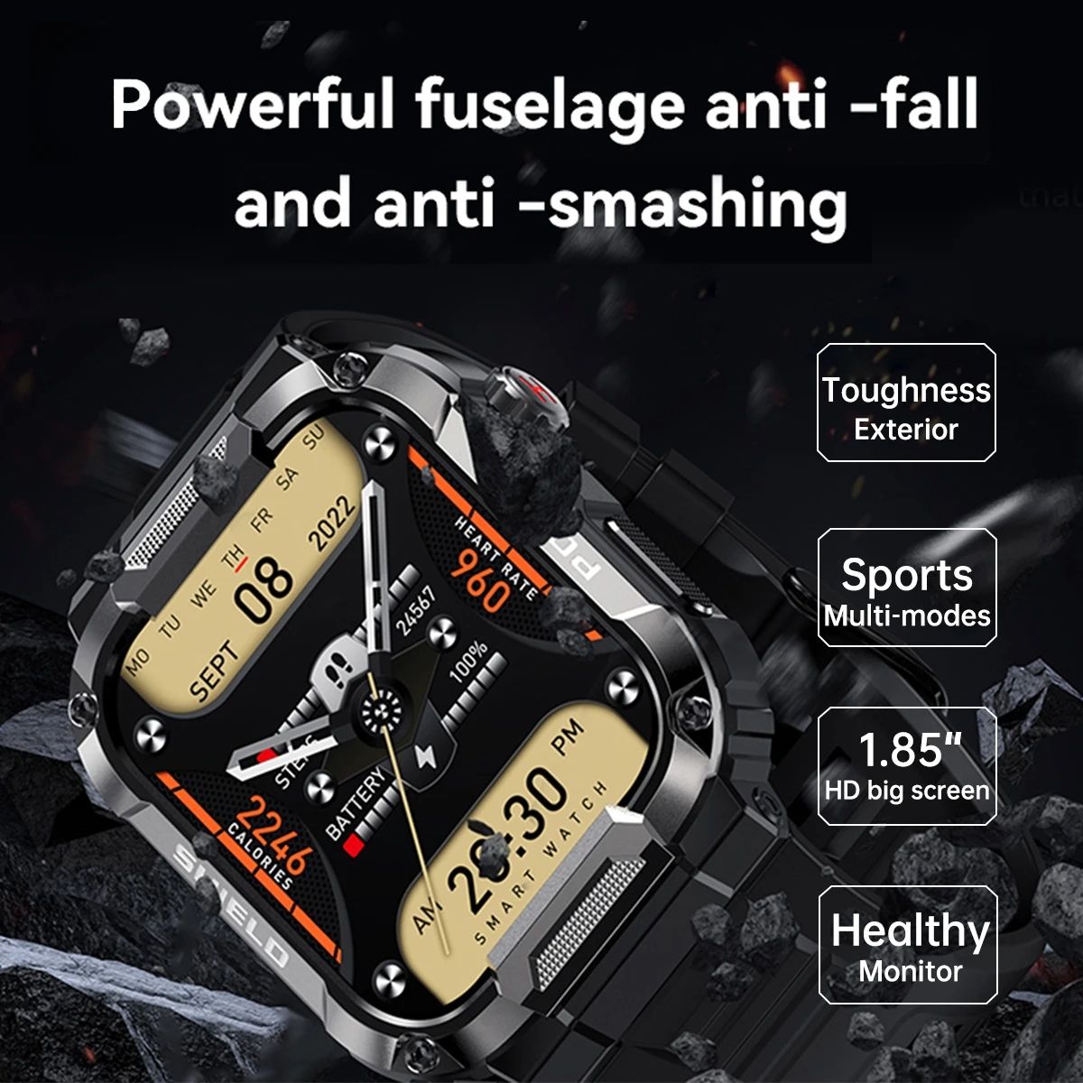 MK66 Rugged Military Smart Watch Men 400mh Large Battery Heart Rate Monitoring 1.85'' Bluetooth Call Smartwatch For APP Gloryfit