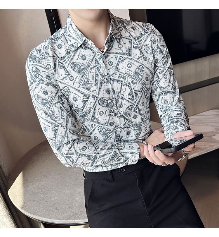 Fashion Casual Men's Long Sleeve Shirts Retailer Special Men's Clothing Classic Print Youth Slim Shirt