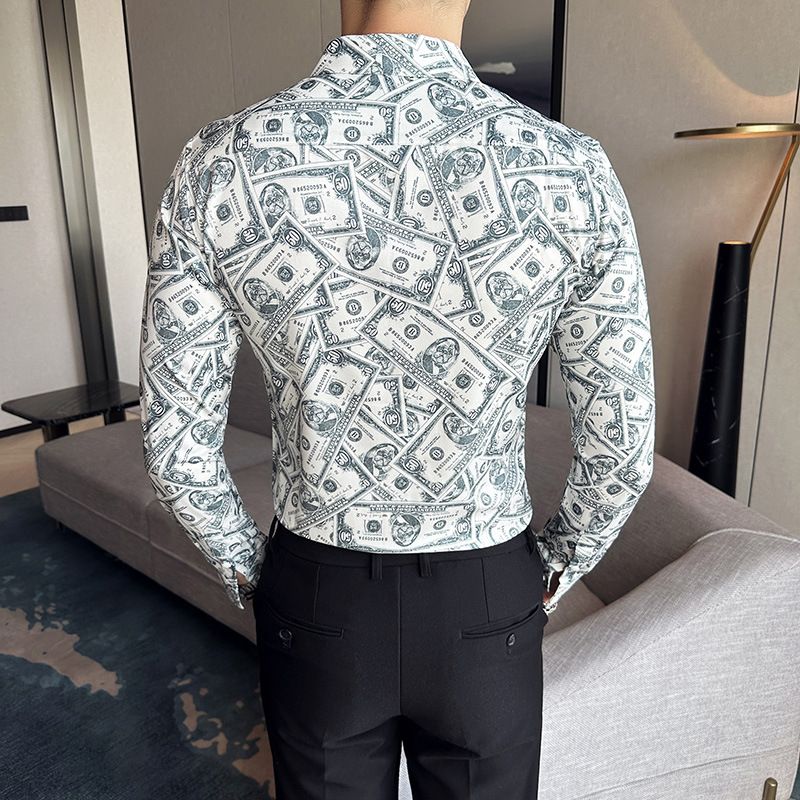 Fashion Casual Men's Long Sleeve Shirts Retailer Special Men's Clothing Classic Print Youth Slim Shirt