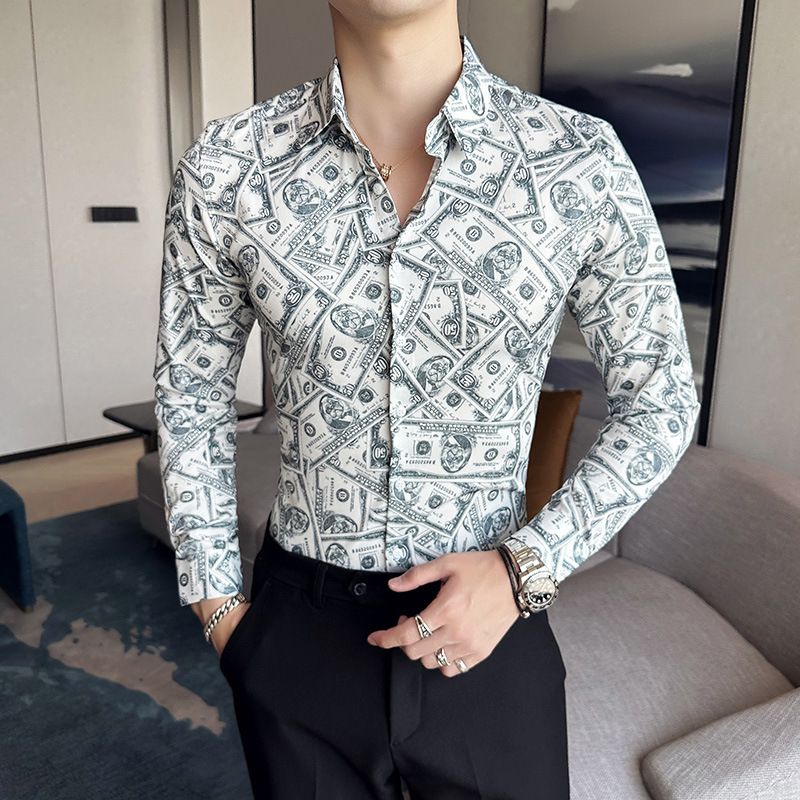 Fashion Casual Men's Long Sleeve Shirts Retailer Special Men's Clothing Classic Print Youth Slim Shirt