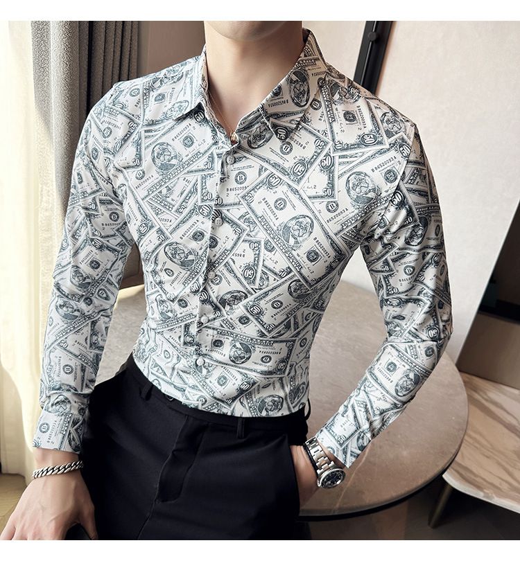 Fashion Casual Men's Long Sleeve Shirts Retailer Special Men's Clothing Classic Print Youth Slim Shirt