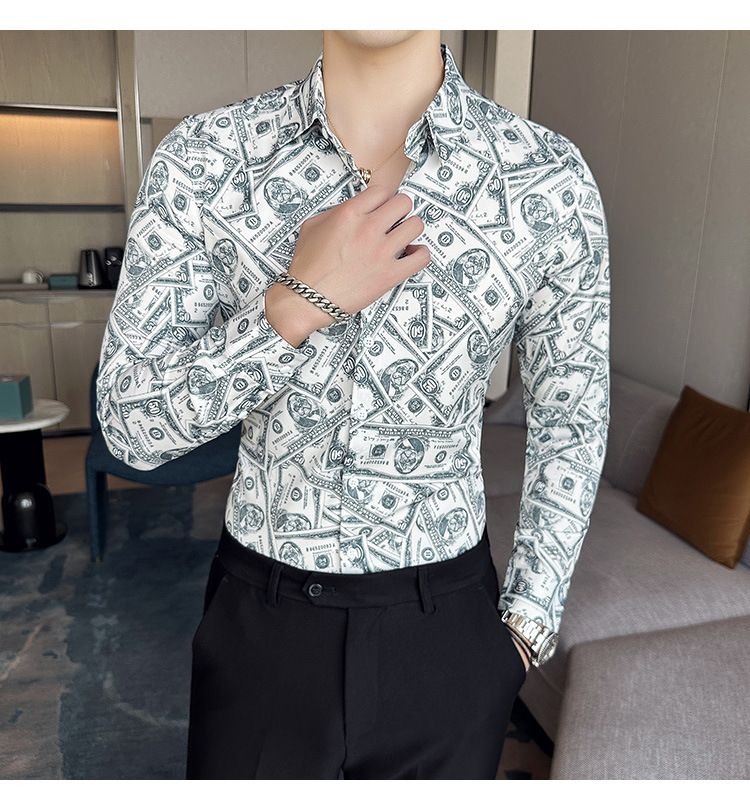 Fashion Casual Men's Long Sleeve Shirts Retailer Special Men's Clothing Classic Print Youth Slim Shirt