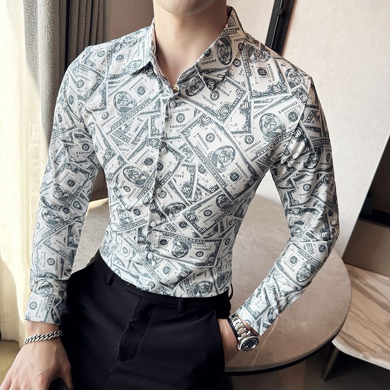 Fashion Casual Men's Long Sleeve Shirts Retailer Special Men's Clothing Classic Print Youth Slim Shirt