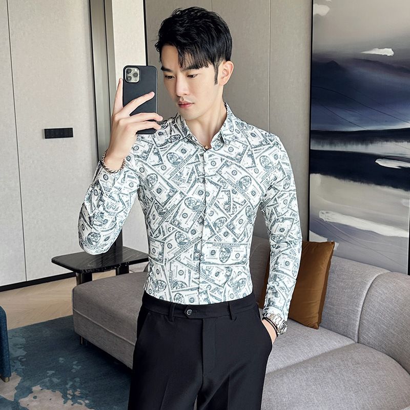 Fashion Casual Men's Long Sleeve Shirts Retailer Special Men's Clothing Classic Print Youth Slim Shirt