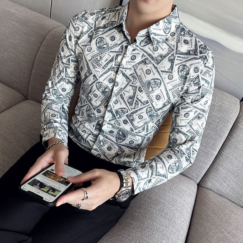 Fashion Casual Men's Long Sleeve Shirts Retailer Special Men's Clothing Classic Print Youth Slim Shirt