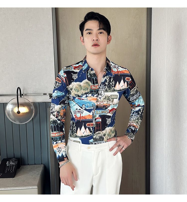 Fashion Casual Men's Long Sleeve Shirts Retailer Special Men's Clothing Classic Print Youth Slim Shirt