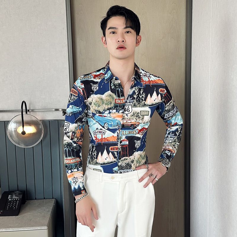 Fashion Casual Men's Long Sleeve Shirts Retailer Special Men's Clothing Classic Print Youth Slim Shirt