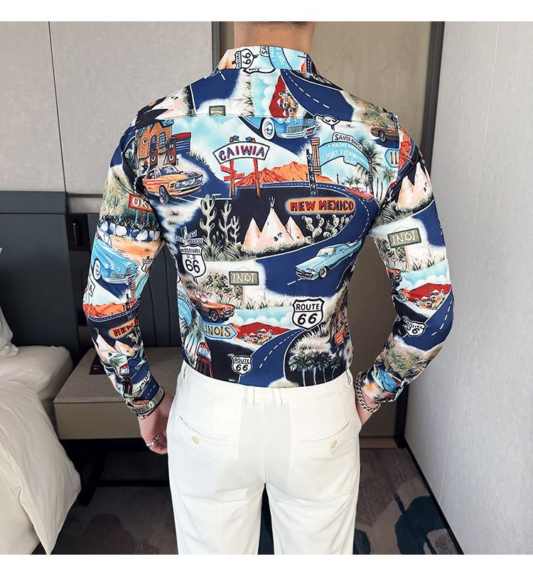 Fashion Casual Men's Long Sleeve Shirts Retailer Special Men's Clothing Classic Print Youth Slim Shirt