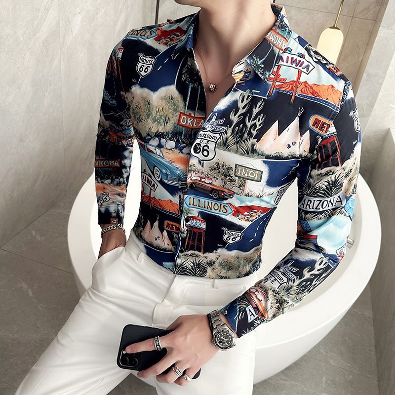 Fashion Casual Men's Long Sleeve Shirts Retailer Special Men's Clothing Classic Print Youth Slim Shirt