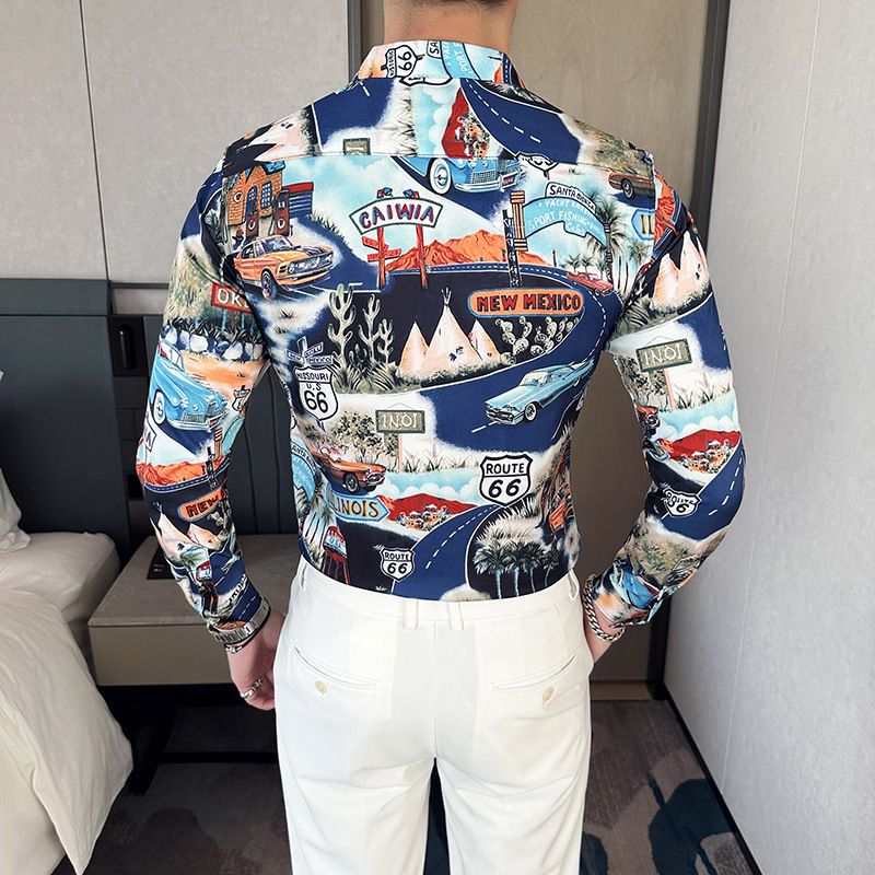 Fashion Casual Men's Long Sleeve Shirts Retailer Special Men's Clothing Classic Print Youth Slim Shirt