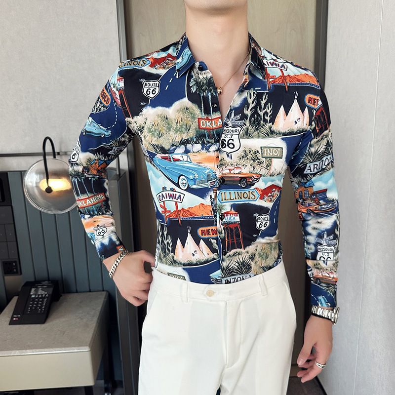 Fashion Casual Men's Long Sleeve Shirts Retailer Special Men's Clothing Classic Print Youth Slim Shirt