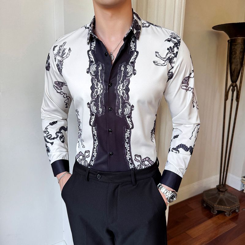 Shiny Gold Striped Satin Shirt for Men Long Sleeve Party Mens Dress Shirts Casual Club Social Shirt