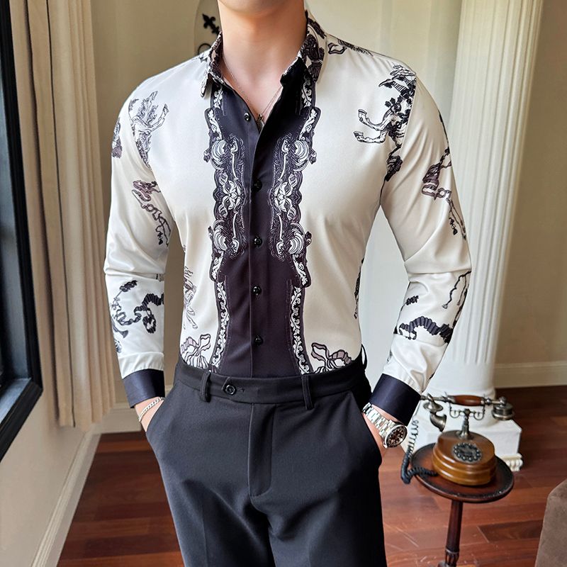 Shiny Gold Striped Satin Shirt for Men Long Sleeve Party Mens Dress Shirts Casual Club Social Shirt