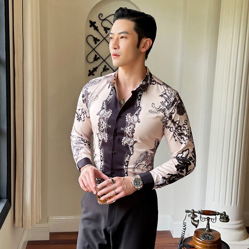 Shiny Gold Striped Satin Shirt for Men Long Sleeve Party Mens Dress Shirts Casual Club Social Shirt