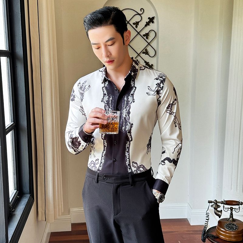 Shiny Gold Striped Satin Shirt for Men Long Sleeve Party Mens Dress Shirts Casual Club Social Shirt