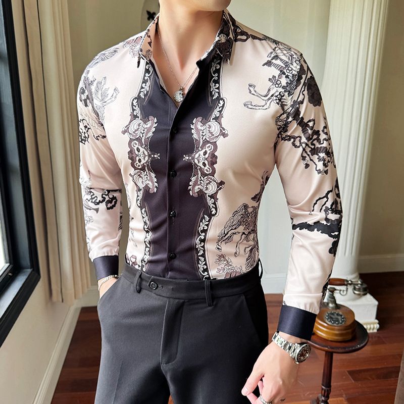 Shiny Gold Striped Satin Shirt for Men Long Sleeve Party Mens Dress Shirts Casual Club Social Shirt