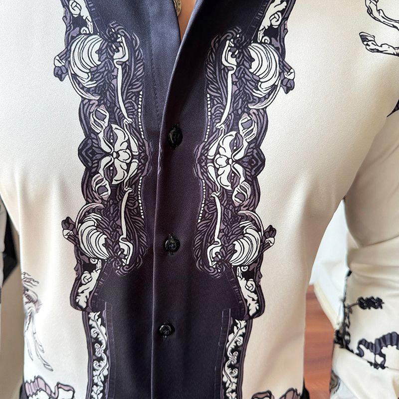 Shiny Gold Striped Satin Shirt for Men Long Sleeve Party Mens Dress Shirts Casual Club Social Shirt