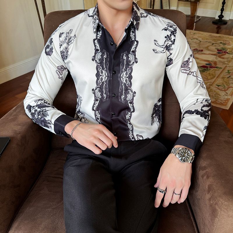 Shiny Gold Striped Satin Shirt for Men Long Sleeve Party Mens Dress Shirts Casual Club Social Shirt