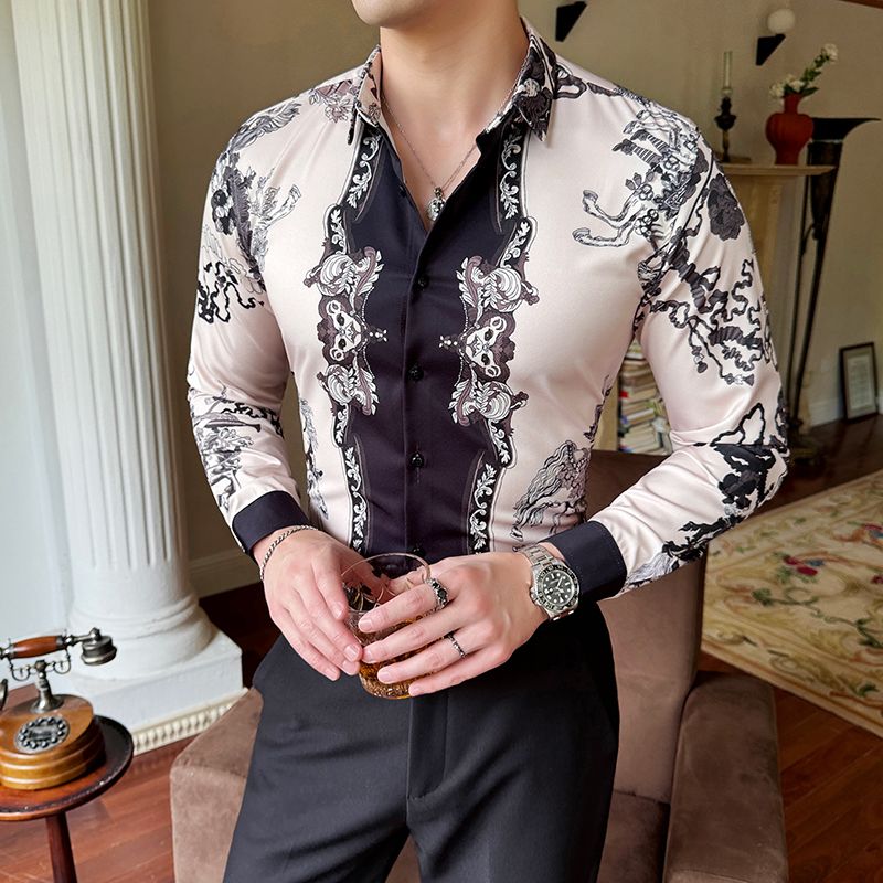 Shiny Gold Striped Satin Shirt for Men Long Sleeve Party Mens Dress Shirts Casual Club Social Shirt