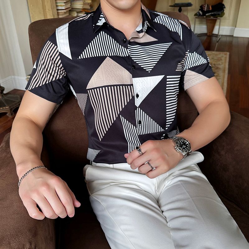 Shiny Gold Striped Satin Shirt for Men Short Sleeve Party Mens Dress Shirts Casual Club Social Shirt