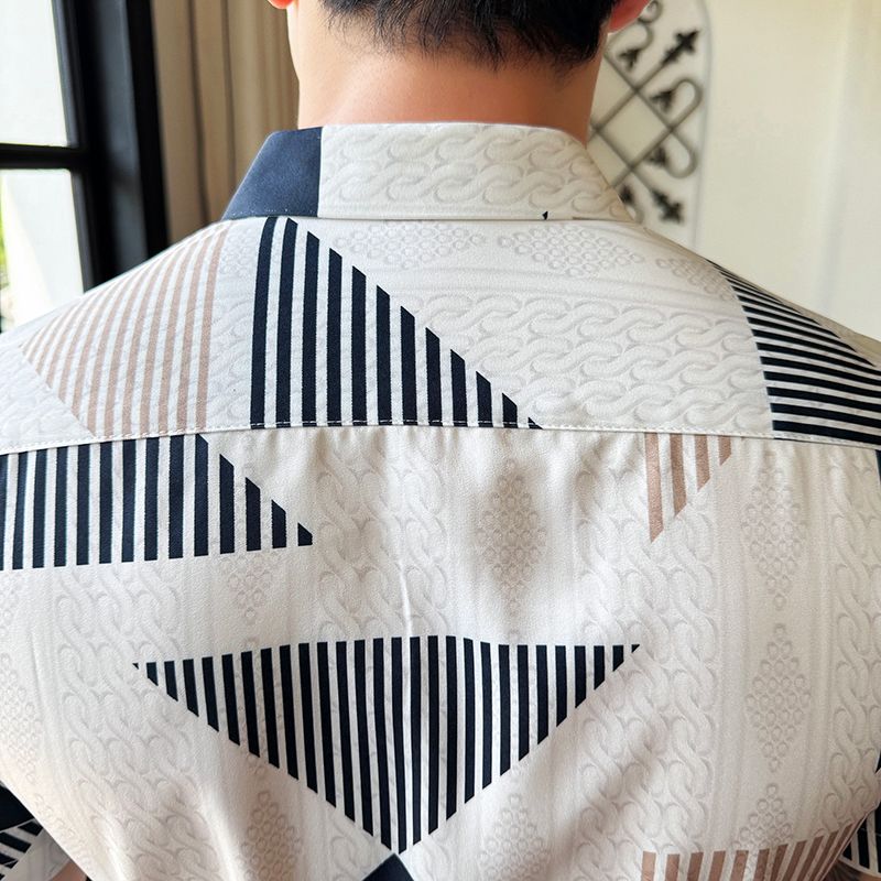 Shiny Gold Striped Satin Shirt for Men Short Sleeve Party Mens Dress Shirts Casual Club Social Shirt