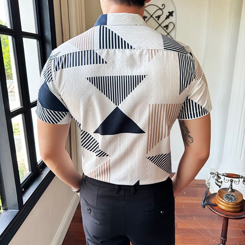 Shiny Gold Striped Satin Shirt for Men Short Sleeve Party Mens Dress Shirts Casual Club Social Shirt