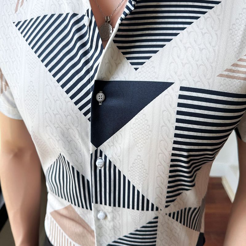 Shiny Gold Striped Satin Shirt for Men Short Sleeve Party Mens Dress Shirts Casual Club Social Shirt