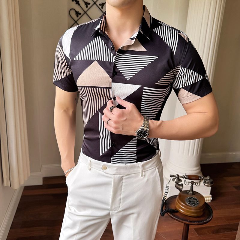 Shiny Gold Striped Satin Shirt for Men Short Sleeve Party Mens Dress Shirts Casual Club Social Shirt