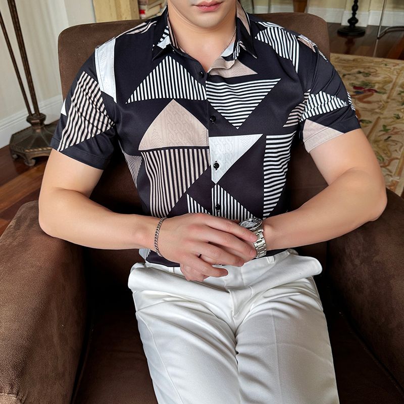 Shiny Gold Striped Satin Shirt for Men Short Sleeve Party Mens Dress Shirts Casual Club Social Shirt