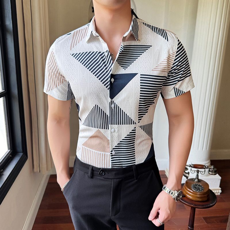 Shiny Gold Striped Satin Shirt for Men Short Sleeve Party Mens Dress Shirts Casual Club Social Shirt
