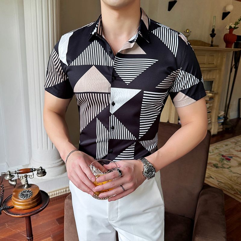 Shiny Gold Striped Satin Shirt for Men Short Sleeve Party Mens Dress Shirts Casual Club Social Shirt