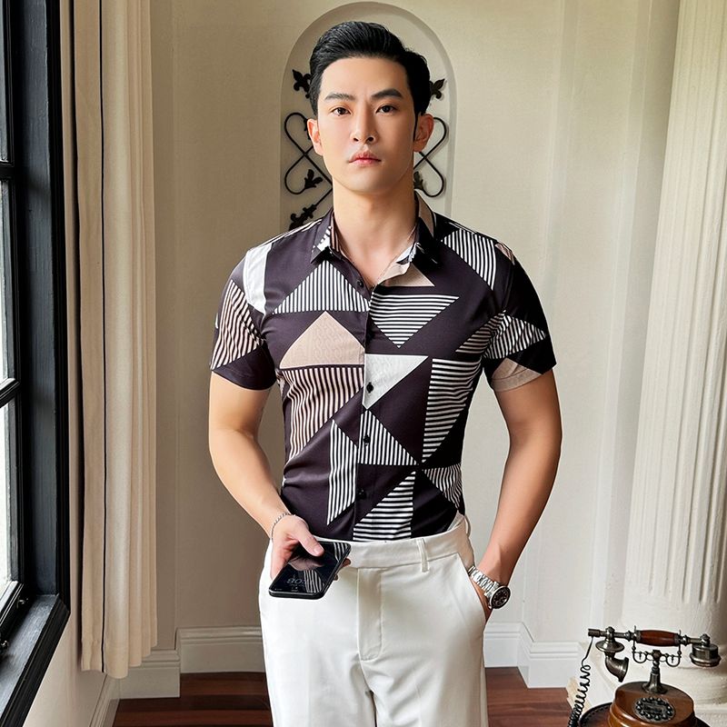 Shiny Gold Striped Satin Shirt for Men Short Sleeve Party Mens Dress Shirts Casual Club Social Shirt