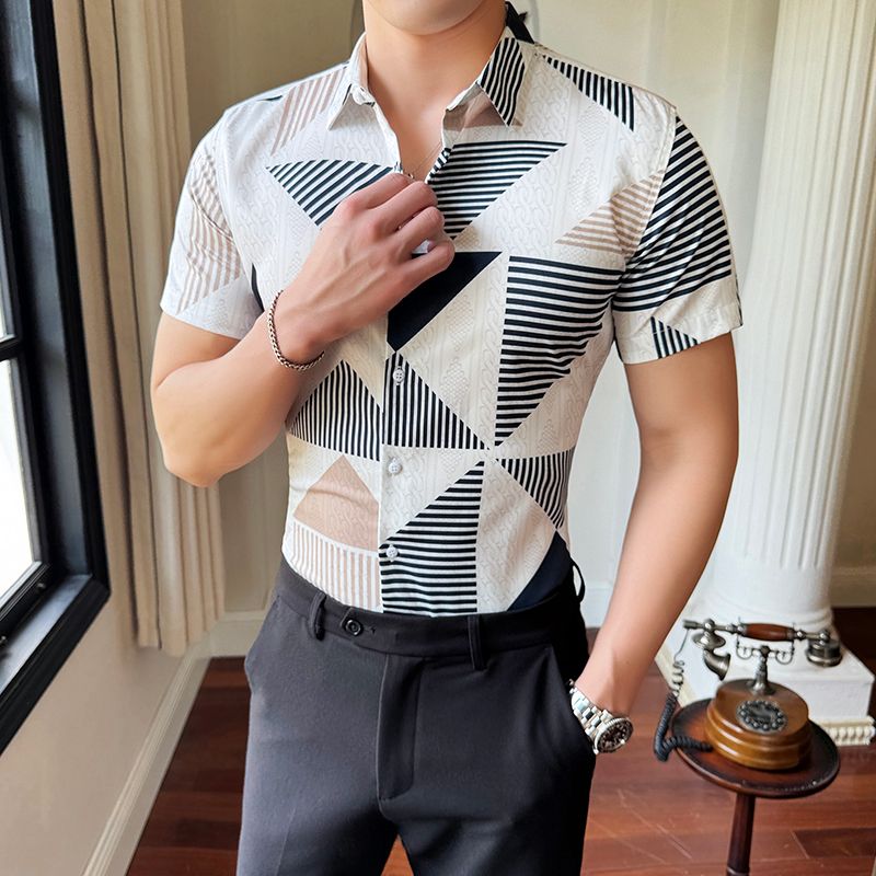 Shiny Gold Striped Satin Shirt for Men Short Sleeve Party Mens Dress Shirts Casual Club Social Shirt