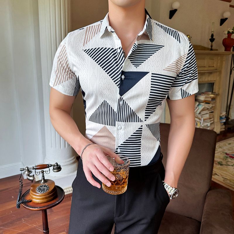 Shiny Gold Striped Satin Shirt for Men Short Sleeve Party Mens Dress Shirts Casual Club Social Shirt