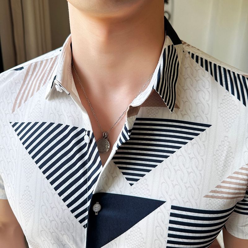 Shiny Gold Striped Satin Shirt for Men Short Sleeve Party Mens Dress Shirts Casual Club Social Shirt