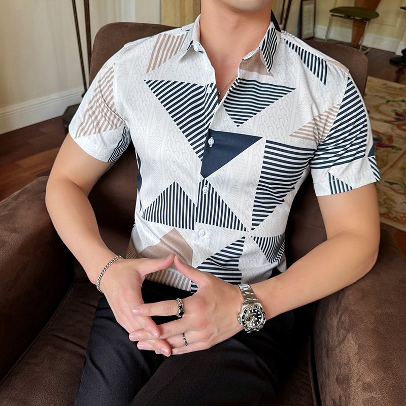 Shiny Gold Striped Satin Shirt for Men Short Sleeve Party Mens Dress Shirts Casual Club Social Shirt