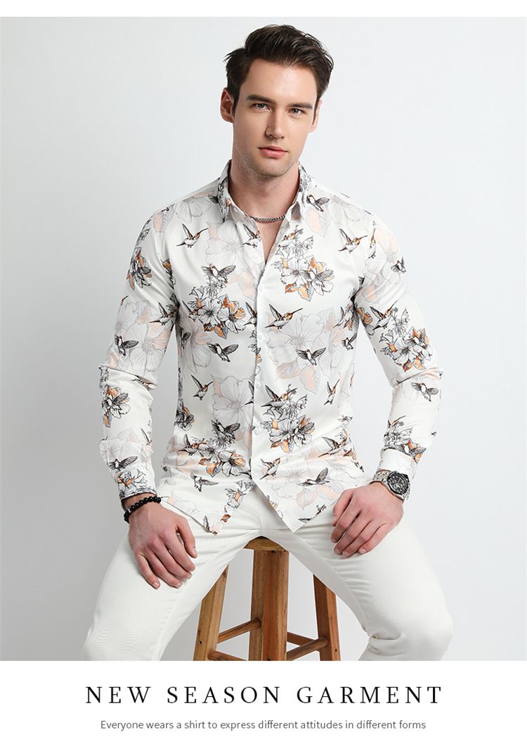 Men Clothes,Men's Slim Fitted Floral Work Vintage Printed Business Compression Office Hawaiian Long Sleeve Dress Shirts For Men