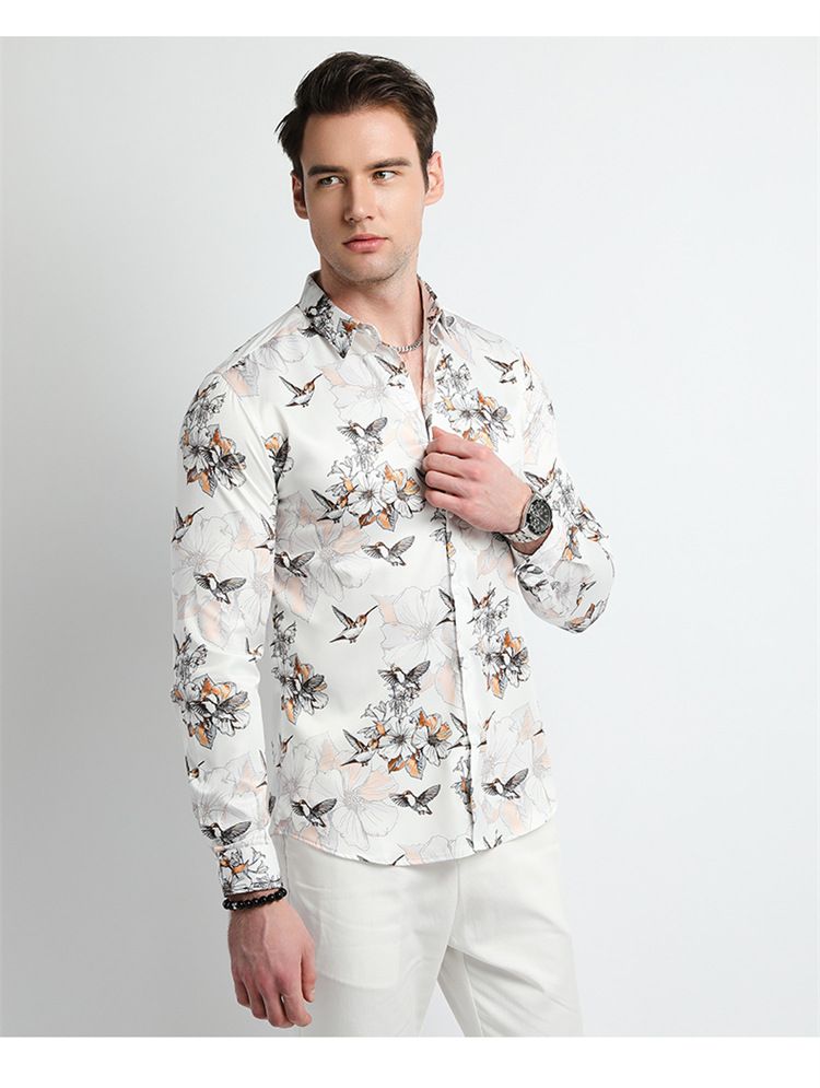 Men Clothes,Men's Slim Fitted Floral Work Vintage Printed Business Compression Office Hawaiian Long Sleeve Dress Shirts For Men