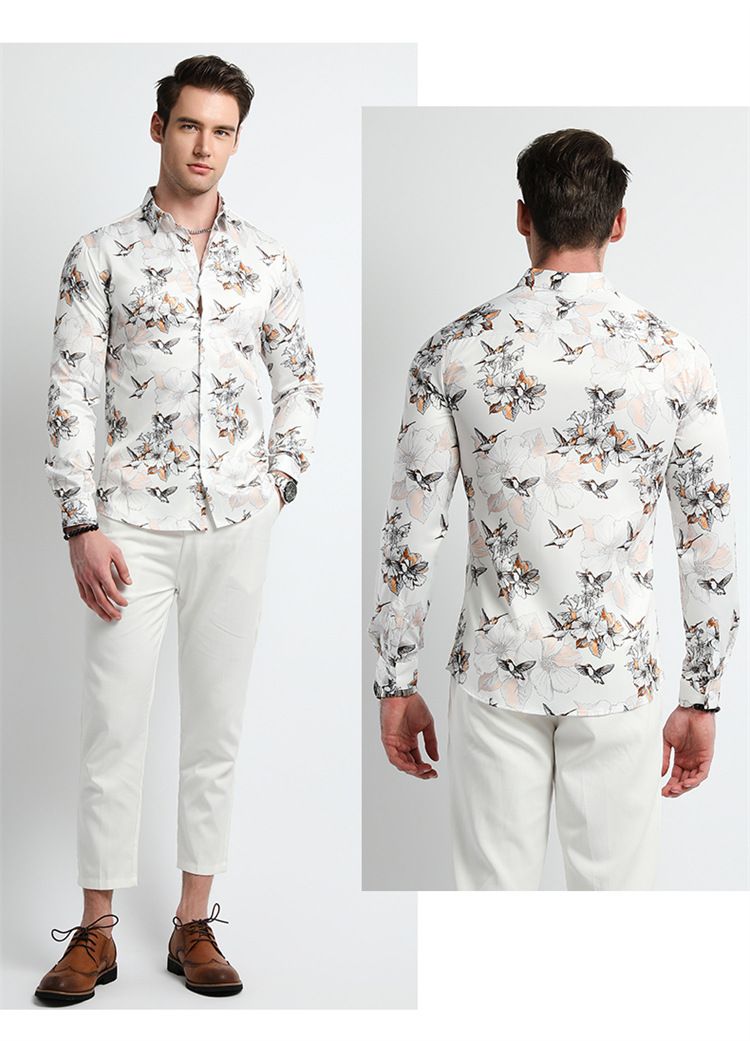 Men Clothes,Men's Slim Fitted Floral Work Vintage Printed Business Compression Office Hawaiian Long Sleeve Dress Shirts For Men